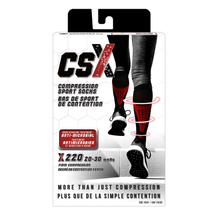 CSX 20-30 mmHg Red on Black Compression Socks Packaging