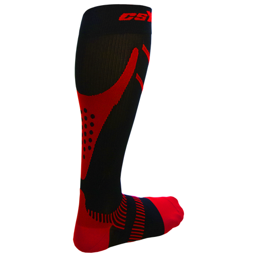 Rear View of CSX 20-30 mmHg Red on Black Compression Socks
