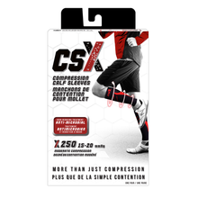 CSX 15-20 mmHg Purple on Black Compression Calf Sleeves Packaging
