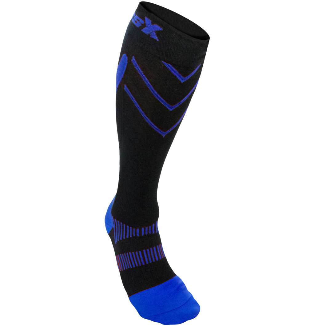 Front View of CSX 20-30 mmHg Royal Blue on Black Compression Socks