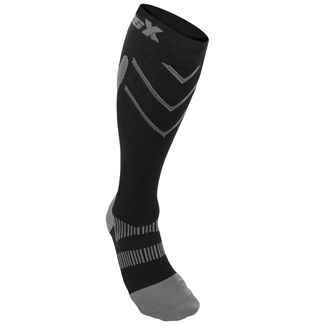 Front View of CSX 20-30 mmHg Silver on Black Compression Socks